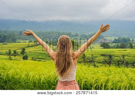 Young Woman Traveler On Beautiful Jatiluwih Rice Terraces Against The Background Of Famous Volcanoes