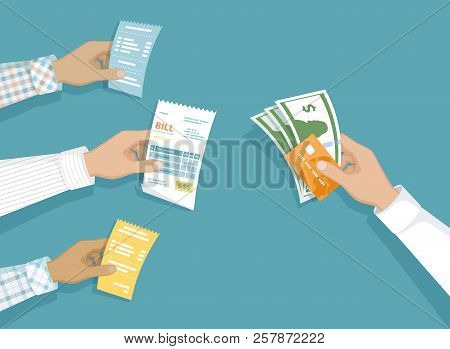 Hands With Bills, Money, Credit Card. Illustration Sales, Shopping, Check, Receipt, Invoice, Order. 