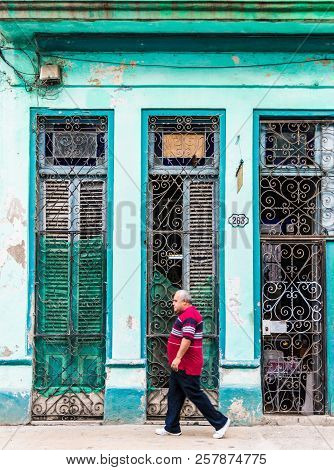 Havana Cuba. January 2018. A Walking Past Old Architecture In Havana In Cuba