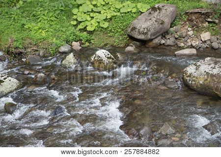 Beautiful River Clear Water Flowing Through Stones. Photo Of A Mountain River