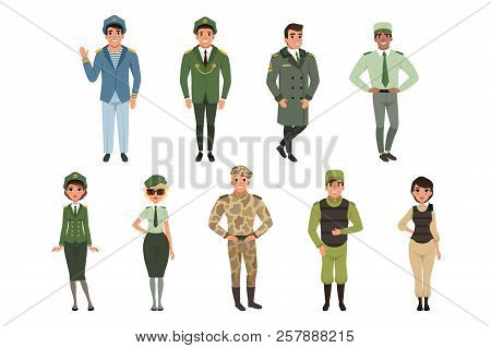 Military Uniforms Set, Military Army Officer, Commander, Soldier, , Pilot, Trooper, Navy Captain Vec