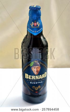 HRONOV, CZECH REPUBLIC - June 17, 2018: Original bottle of Bernard Plum Beer - Free Head - popular non-alcoholic beer, with portrait of the family brewary founder S. Bernard on the label
