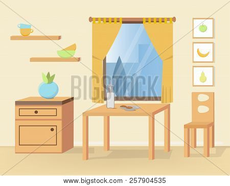 Dining Room With Furniture Vector Illustration. Kitchen With Table, Chair, Shelves And Cupboard In B