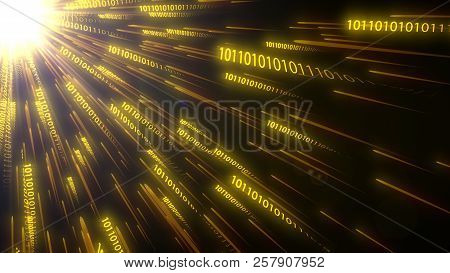 Computer Binary Code Chains Moving To Cpu. Conceptual 3d Illustration