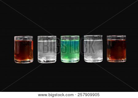 Multicolored Transparent Cocktails, A Set Of Shots In One Row, Five Servings. Side View Isolated Bla