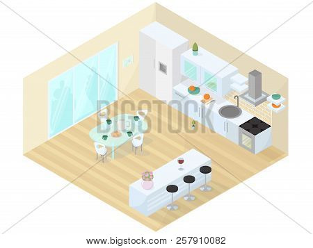 Kitchen Dining Room Studio Isometric Vector Illustration. Interior Design With Kitchen And Dining Fu