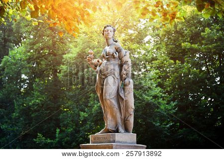 Sandstone Statues In The Saxon Garden, Warsaw, Poland. Made Before 1745 By Anonymous Warsaw Sculptor