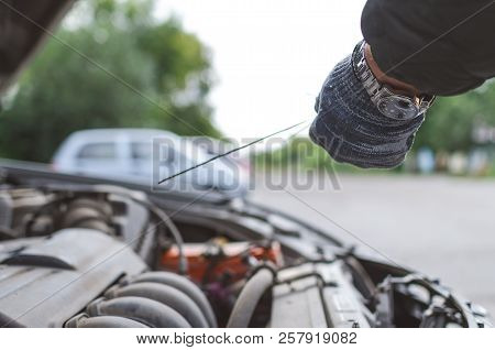 Car Mechanic Checking An Oil Level By Looking On Oil Dipstick.