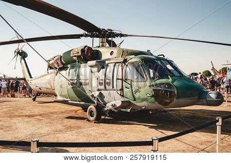 Campo Grande, Brazil - September 09, 2018: Brazilian Airforce Helicopter Exposed At The Military Air