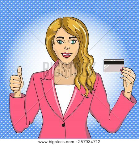 Young Woman With Bank Card Pop Art Retro Raster. Color Background. Comic Book Style Imitation.