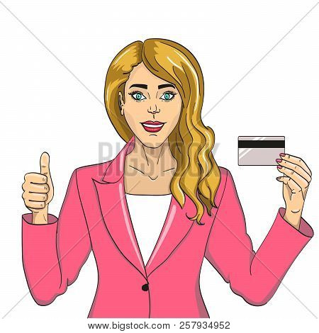 Young Woman With Bank Card Pop Art Retro Raster. On White Background. Comic Book Style Imitation. Ob