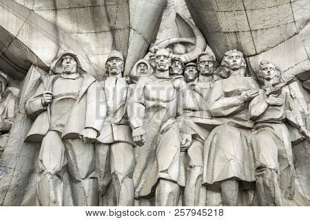 Minsk, Belarus - September 12, 2018: Bas-relief Of The Soviet Era On Old Facade Building On Nemiga S
