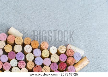Many Different Close Up Wine Corks With Space For Your Text. Wine Bottle Cork On Background Of Cold 