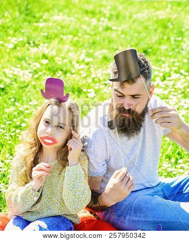 Aristocrates Concept. Family Spend Leisure Outdoors. Child And Father Posing With Top Hat, Lips And 