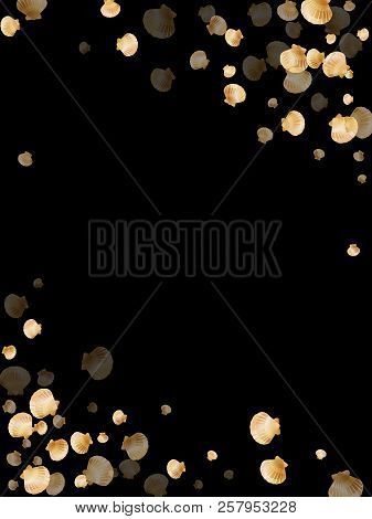 Gold Seashells Vector, Golden Pearl Bivalved Mollusks. Ocean Scallop, Bivalve Pearl Shell, Marine Mo