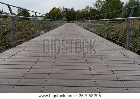 Wooden Bridge Over The River Tidan In Mariestad City Center