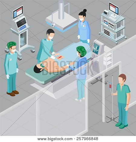 Medical Equipment Isometric Composition With Human Characters Of Doctors In Surgery Room With Operat