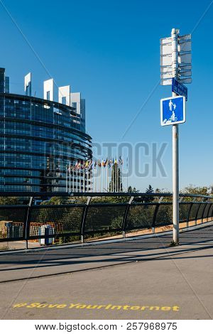 Strasbourg, France - Sep 12, 2018: Street Protest With Graffiti In Front Of European Parliament Buil