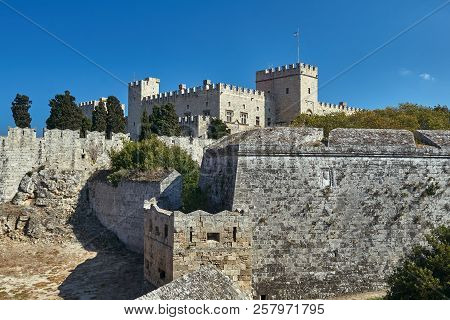 The Moat And Turrets Of The Medieval Castle Of The Joannite Order In The City Of Rhodes