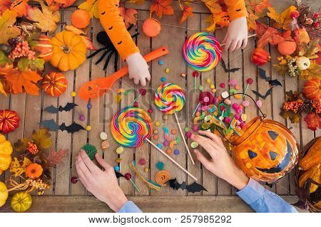 Halloween Trick Or Treat Candy And Pumpkin.