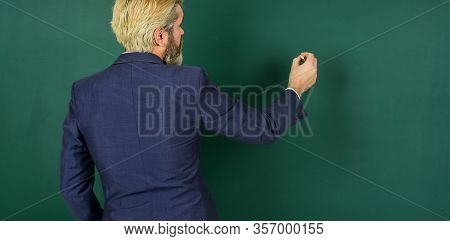 First Day At School. Senior Teacher On September 1. University Professor Write On Chalkboard. On Sep