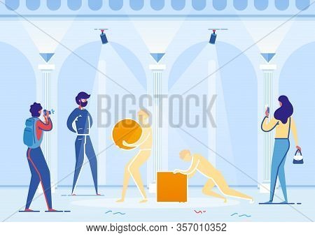 Exhibition In Hall Center. Statue Man Holding Ball And Character Pushing Cube On Floor Flat Cartoon 