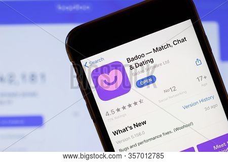 Los Angeles, California, Usa - 24 March 2020: Badoo App Logo On Phone Screen Close Up With Website O