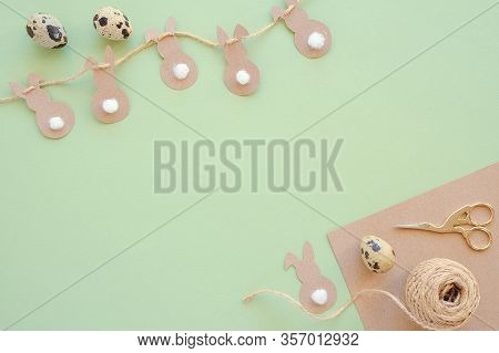 Festive, Children S Or Easter Decor. Garland Of Easter Bunny And Kraft Paper, Jute Twine, Scissors A