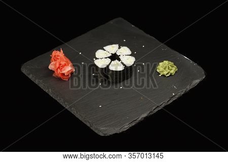 Various Sushi, Rolls On A Black Background With Reflection. Especially For Cafes And Restaurants On 