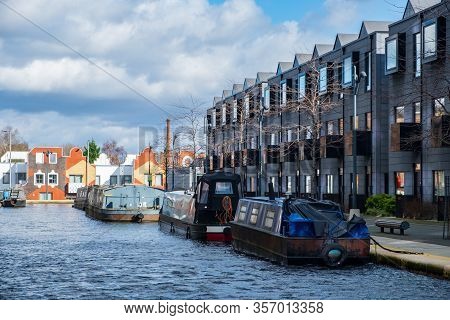 Boat Moored In A Canal In New Islington, A Newly Developed Area In Manchester