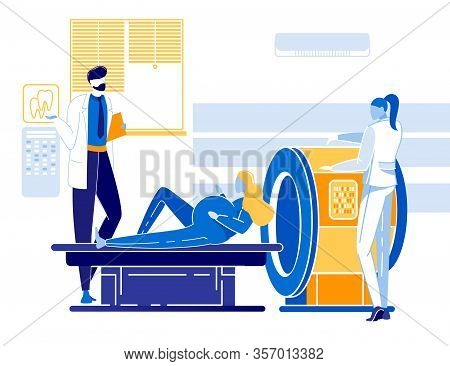 Pregnant Woman And Computed Tomography Procedure. Girl With Big Tummy Lying On Examination Table. Do