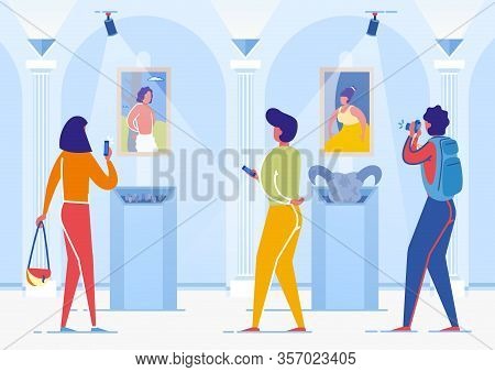 Women Tourists Coming To Art Gallery To Look At Famous Artworks Flat Cartoon Vector Illustration. Vi