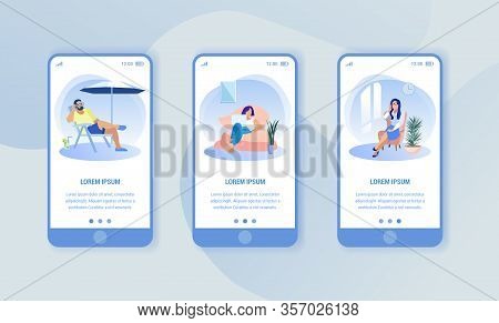 People In Chairs In Different Places. Three Phone On Blue Background. Print Image. Vector Illustrati