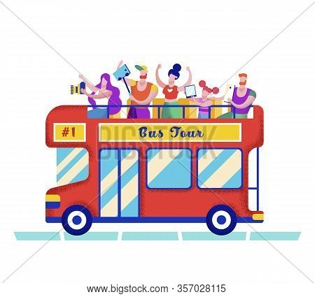 Group Of Multiracial Tourists, Family, Friends Company Riding Two-deck Tour Bus For City Excursion, 