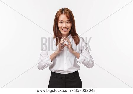 Evil Genius Have Plan. Smart And Creative Scheming Sly Asian Woman Prepare Great Idea, Steeple Finge