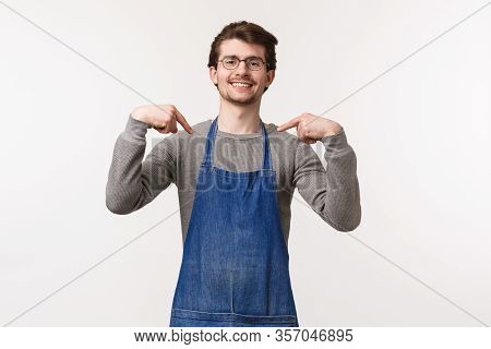 Portrait Of Confident Good-looking Professional Male Barista In Apron, Coffee Shop Owner Brag He Bre