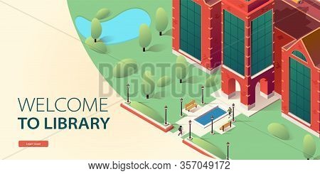 Landing Website, Banner Online Library Homepage. Web Page E-library. Isometric Red Building With Pan