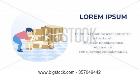 Little Boy School Age Trying To Drag Giant Gift Box, Wrapped In Packing Paper With Ribbon, Lying On 