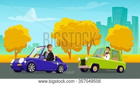 Man In Retro Automobile Trying Overtake Shiny Sports Car. Happy Smiling Owners Driving Auto On Highw