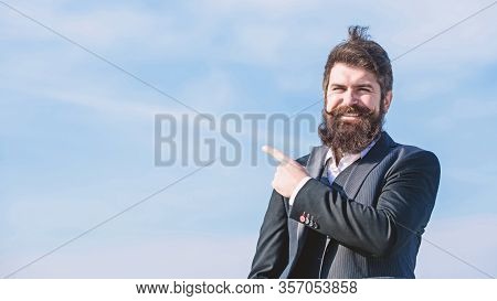 Project Manager. Businessman Against The Sky. Brutal Caucasian Hipster With Moustache. Mature Hipste