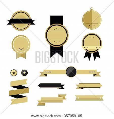 Set Of Gold Premium Badges And Ribbons.