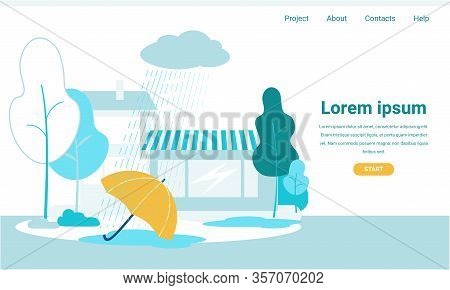 Flat Landing Page With Editable Advertising Text And Menu. Vector Brolly On Ground Under Rain. Stree