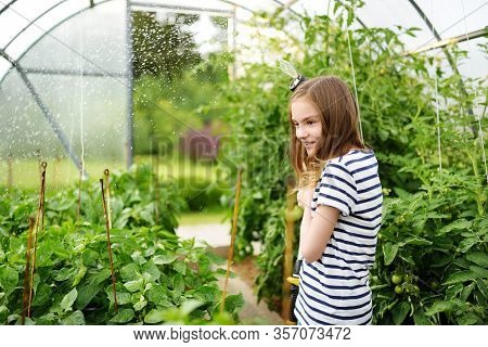 Adorable Young Girl Watering Variuos Vegetables In A Greenhouse On Sunny Summer Day. Gardening Activ