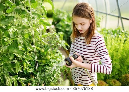 Adorable Young Girl Watering Variuos Vegetables In A Greenhouse On Sunny Summer Day. Gardening Activ