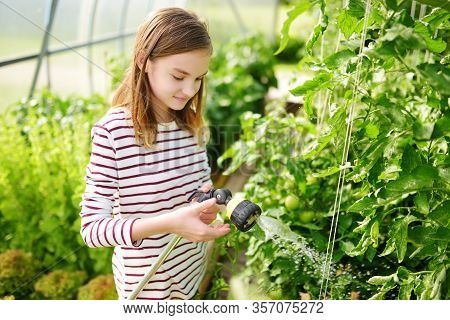 Adorable Young Girl Watering Variuos Vegetables In A Greenhouse On Sunny Summer Day. Gardening Activ