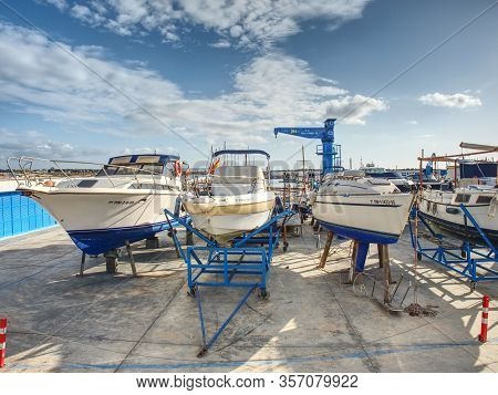 Three Boats In Dry Dock. Yacht Port At Palma De Mallorca City, 26thof January 2020