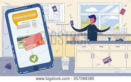 Man In Kitchen Count Paper Bill And Pay From Smartphone. Online Banking Application For Electronic P
