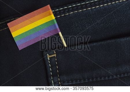 Lgbt Flag With Symbol Of Rainbow. Checkbox In A Jeans Pocket, Origami. Protection Of The Rights Of H