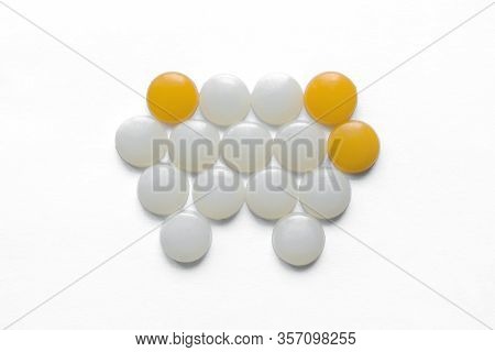 Caries. Pain In The Teeth, Toothache. Round White And Yellow Details Lie In The Shape Of A Tooth, Co