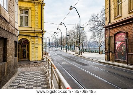 Prague, Czech Republic - March 19, 2020. Smetanovo Nabrezi - Smetana Riverbank During Coronavirus Cr
